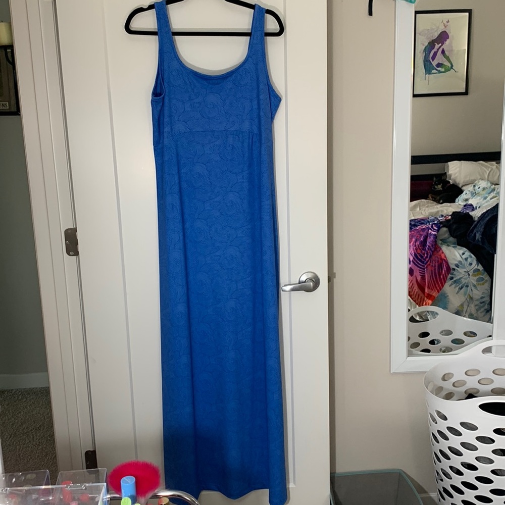 long blue PFG Freezer Columbia maxi dress with side slits